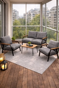 Linda 211 Sehpalı Gri Fermuarlı Bahçe Balkon Takımı, Cafe, Salon - Metal Kanepe Koltuk Takımı